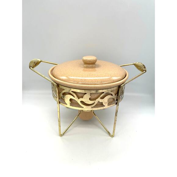 Vintage Pink Speckled Bauer Casserole Dish with Stand and Candle Warmer - Picture 1 of 14